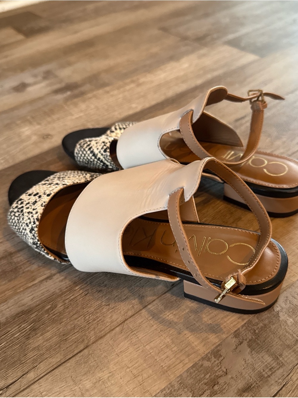 Calvin Klein Cream, Black and Tan Open-Toe Slingback Sandals size 6.5